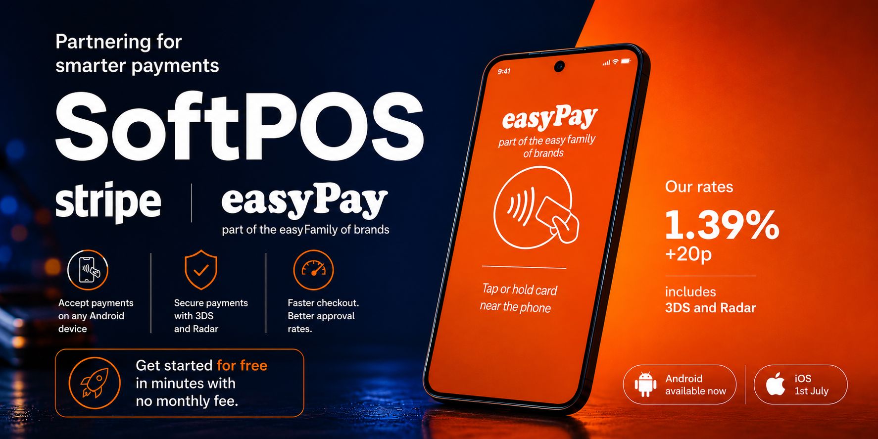easyPay SoftPOS with Stripe — accept payments on any device, 1.39% + 20p, includes 3DS and Radar. Android available now.
